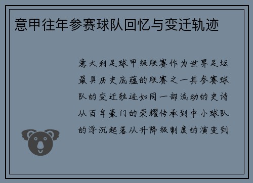 意甲往年参赛球队回忆与变迁轨迹
